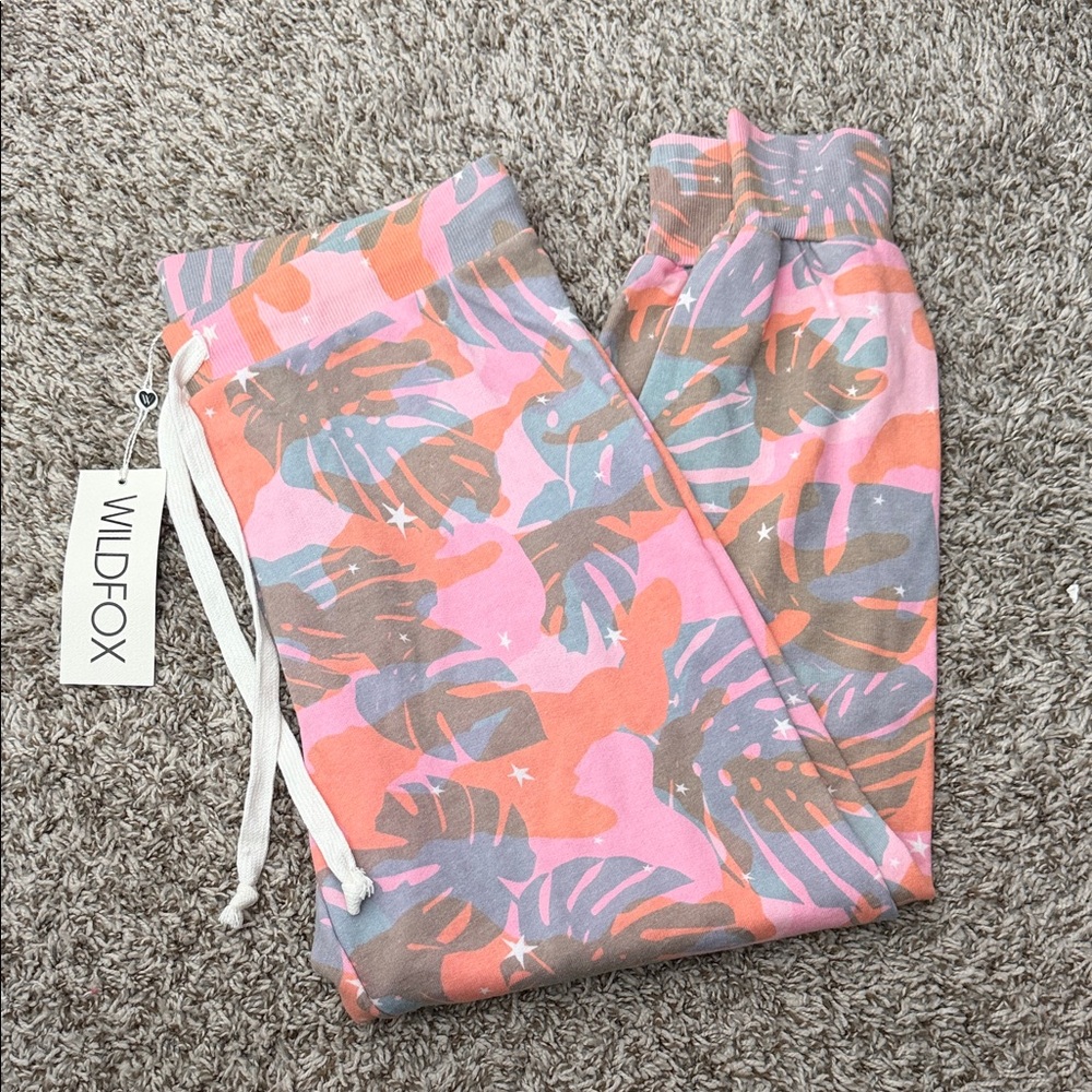 Wildfox Pink Coral & Gray Tropical Leaf Lounge Joggers